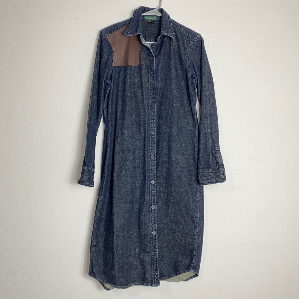 Lauren Jeans Co Denim Leather Patch Shirt Dress M